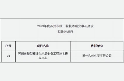 苏州和创化学有限公司获评2023年度苏州市级工程技术研究中心建设拟推荐项目