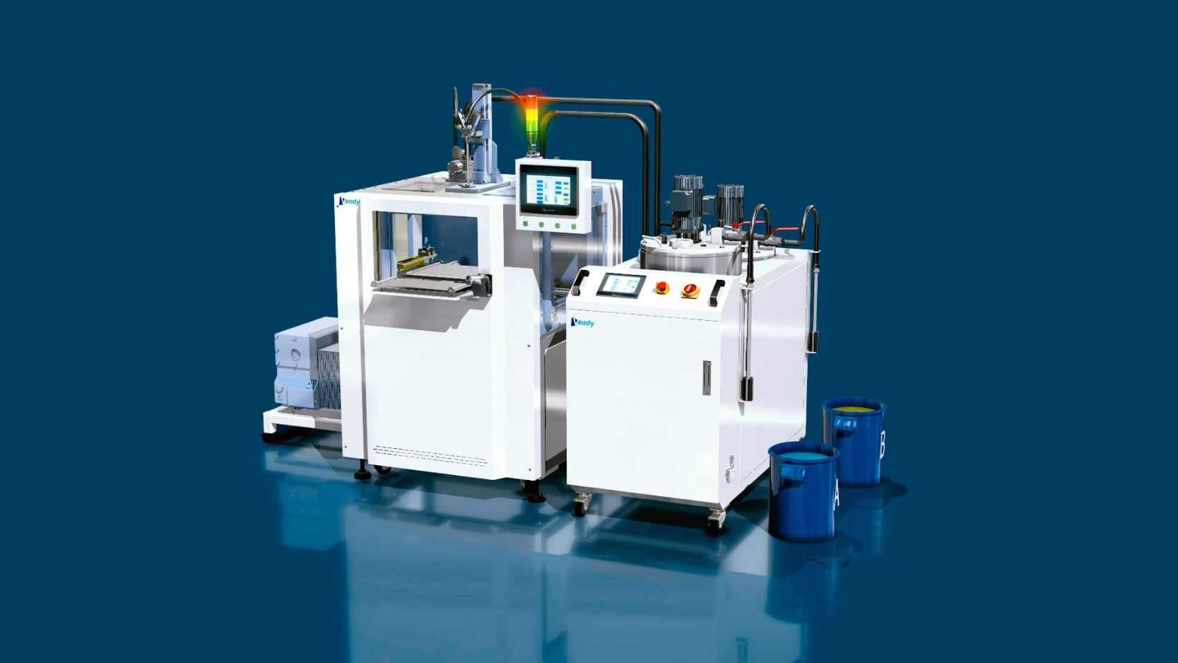 Animated demonstration of the working principle of Veady offline vacuum glue filling machine